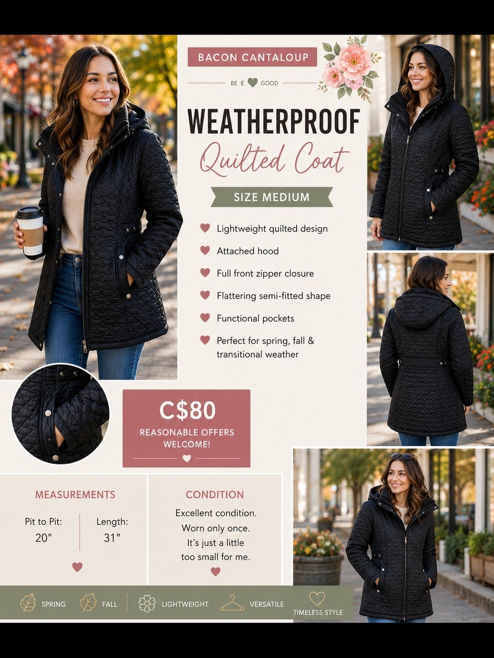 Black Weatherproof Quilted Coat with Hood